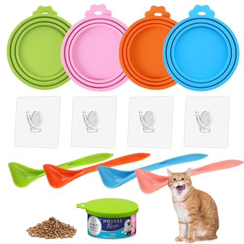 Lot de 4 couvercles de boîtes de conserve pour nourriture pour chat Couvercles universels en silicone pour boîtes de nourriture pour animaux de compagnie 3 en 1 tailles standards avec 4 crochets en