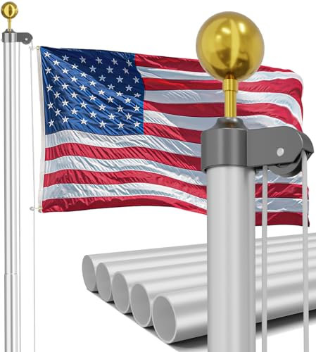 IIOPE 20FT Residential Flag Pole Kit,14-Gauge Aluminum,Thick Heavy Duty in Ground Flagpoles for Outside House with USA Flag, Gold Topper Ball,Aluminum Clips (Silver)