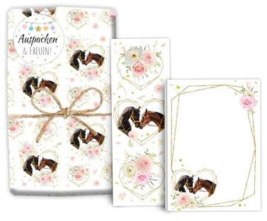 Mitgebsel-Set 12 Geschenkpapierbögen + 12 Lesezeichen + 12 Mini-Notizblöcken + 12 Aufkleber Pferde Gastgeschenke für Mädchengeburtstag Mädchen Kindergeburtstag Giveaways