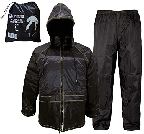 Auto Accessori Lupex - Combinaison de moto imperméable, anti-pluie coupe-vent, avec sac, couleur noire, ensemble complet veste à capuche rétractable et pantalon de pluie, unisexe, taille 3XL