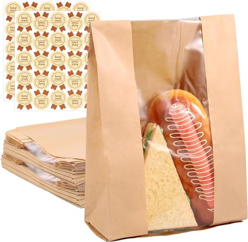 ONEGOL Lot de 50 sacs à pain en papier – Sacs de rangement pour pain faits maison avec fenêtre transparente avec étiquettes autocollantes – Sacs d'emballage de boulangerie pour biscuits, pain et