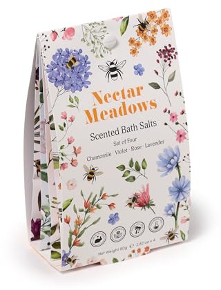 Set med 4 doftande badsaltpåsar - Nectar Meadows Bi - Blommig Presentask - Kamomill, Violett, Rosa och lavendel