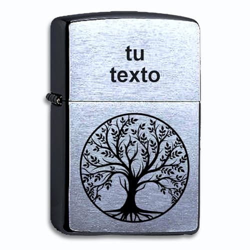 Mechero de Gasolina Zippo Chrome Brushed Personalizado, árbol de la Vida con tu Texto o Nombre Grabado con Láser