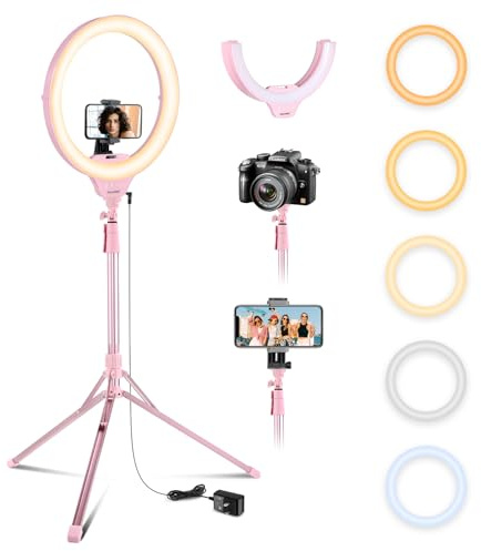 Aureday 14'' Pink Selfie Ring Light with 62'' Tripod Stand and Phone Holder, Dimmable LED Phone Ringlight for Makeup/Video Recording/Photography, Circle Lighting for Cell Phones&Lightweight Cameras