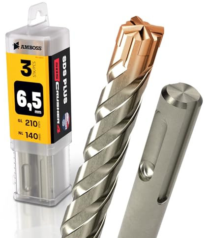 3x SDS Plus Foret à 4 tranchants PGM pour marteau perforateur Ø 6.5 mm x 140 mm – AMBOSS SDS Crusher 4 – Foret à béton HM professionnel 6.5 x 140 – Foret à pierre, béton armé, maçonnerie, brique, grès