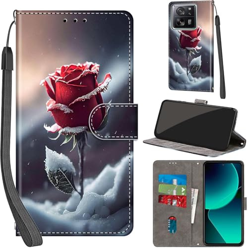 Haninsuze Handyhülle für Xiaomi 13T/13T Pro 5G Hülle, Rosen | PU Leder, Klappbar, Kartenfächer, Ständer, Kameraschutz, Brieftasche, Magnet, Stoßfeste, Muster Motiv
