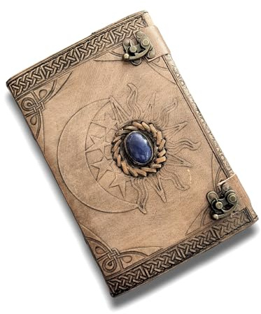 Vintage-Leder-Tagebuch mit geprägtem Sonnen-Mond-Design, Lapisli-Stein, 200 Seiten, 9 x 6 cm, Messingschloss (Anthrazitfarben, 22,9 x 15,2 cm)