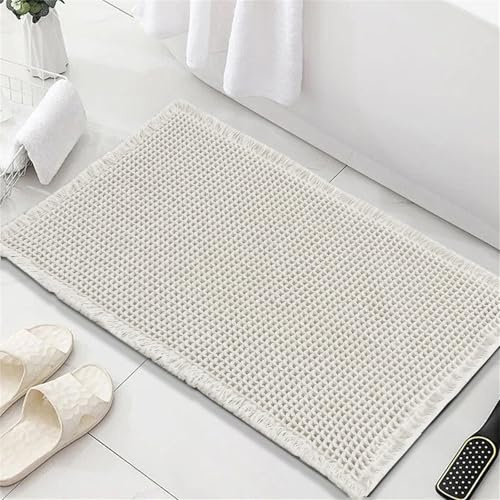 LINGKY Waffle Badematte rutschfest Badezimmerteppich mit rutschhemmender Rückseite Weich Badteppich Saugfähige Badvorleger Waschbar Duschvorleger für Badezimmer - 50x80 cm, Weiß