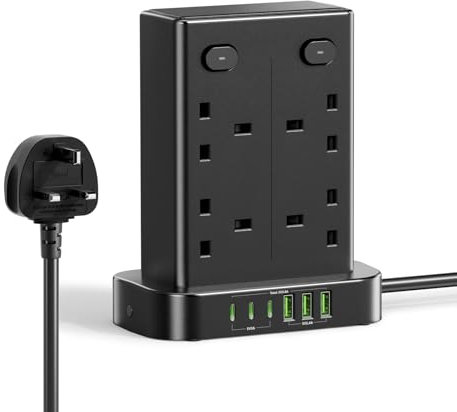 Tower Extension Lead, 8 Way Multi Plug Tower with 6 USB Ports, 1.8M Extension Cable with 4 Independent Switches, Overload Protection Plug Extension Socket 13A 3250W Power Strip Tower for Home Office