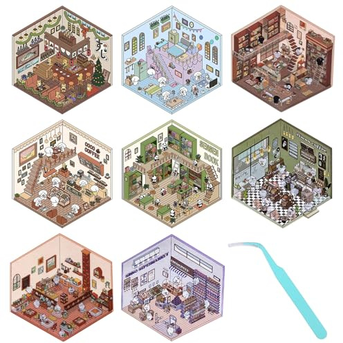 8 Sets DIY 3D Hausaufkleber, Süße Isometrische Raum Aufkleber Lustiges Miniatur Szenen Aufkleberset mit Pinzette kreative DIY-Aufkleber zum Entspannen und Zeitvertreib