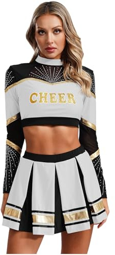 iEFiEL Damen Cheer Leader Kostüm Cheerleading Uniform Langarm Crop Top Bauchfrei Oberteile Und Minirock Metallic Faltenrock Weiß S