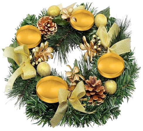 Adventskranz Künstlich, Tischkranz für Weihnachten, Weihnachtskranz mit Kerzenhalter, Adventskranz Teelichter, Weihnachtskranz Dekokranz mit 4 Kerzenhaltern Advent Weihnachten Deko Tisch (A-015)