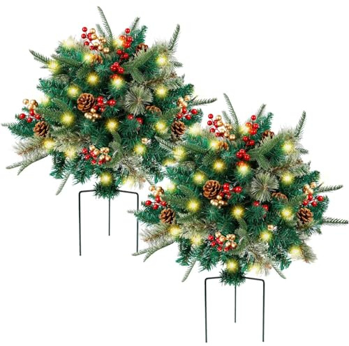 GALER Christmas Pot Fillers, Faux Christmas Planters with Lights for Outdoor, Faux Holiday Flowers Planter Filler, Easy Xmas Planter Container Fillers, Outdoor Front Porch Planters Decorations (2PCS)