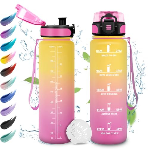 KollyKolla Bouteille Motivation 1L, Gourde Sport avec Filtre, Gourde Marqueur de Temps, Bouteille d'eau Étanche, Reutilisable pour Fitness, l'École, Bureau, Randonnée, Camping, Yoga