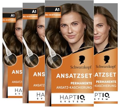 Schwarzkopf Ansatzset A1 Hell-bis Mittelbraun Stufe 3 (4x 44,5 ml), dauerhafte Haarfarbe zum Haaransatz kaschieren in nur 10 Minuten, Ansatzfarbe für harmonische Übergänge