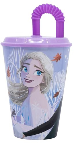 Stor Bicchiere Bambini con Coperchio e Cannuccia Frozen - Il Regno Di Ghiaccio 430ml - Bicchiere Riutilizzabile in Plastica Resistente - Anti-Goccia