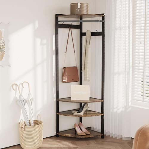 Hörnklädhängare med skobänk, hörningångsträd med 6 dubbla krokar, hörnklädhängare med förvaring för entré, hall, garderob (vintage brun + svart)