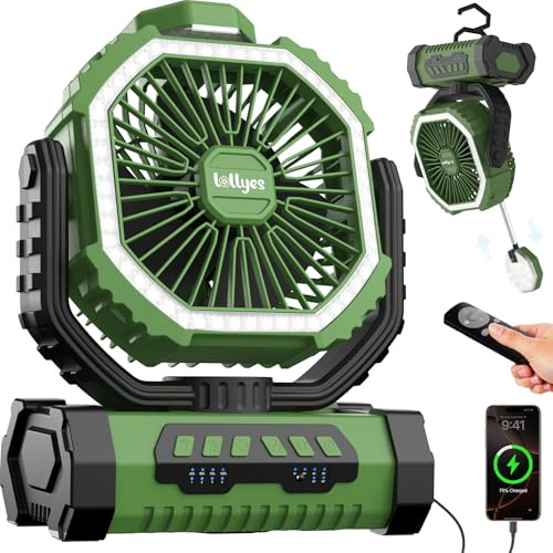 Ventilateur Brumisateur de Camping 20000mAh, Ventilador Portátil Recargable con Mando a Distancia y 360 ° Gancho Giratorio, 4 Velocidades Para Interior, Viajar, Tienda de Campaña, Pesca (Verde)