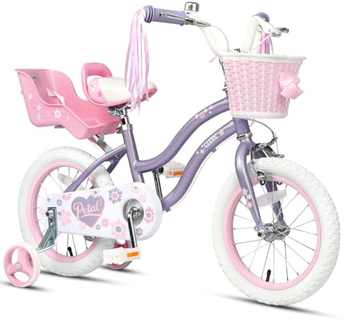 Glerc 14 tums barncykel för 3-4 5 år gamla flickor, prinsessstil med styrtofsar och korg och stödhjul, lila