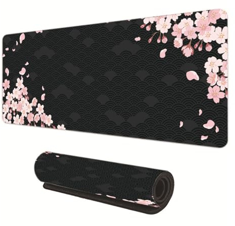 Gaming Mouse Pad 800x300mm Large Gaming Mouse Mat with Stitched Edges, Japanese Cherry Blossom Keyboard Desk Pad, Comfortable Mousepad with Non-Slip Rubber Base (Black)