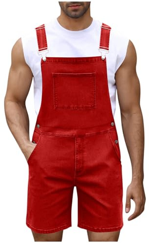 Salopette da uomo in denim salopette e bretelle salopette con tasca con cerniera tuta corta tinta unita casual jeans pantaloncini tuta da lavoro, Rosso, L