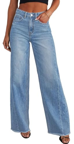 PRETTYGARDEN Wide Leg Jeans for Women Trendy High Waisted Stretchy Baggy Raw Hem Denim Palazzo Pants 2026 Spring Fall Clothes (Light Blue,6)