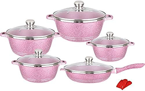 Granite Nonstick Cookware Set with Glass Lids Marble Coated Aluminium Kitchenware 10 Piece Pink Cooking Pots and Pans Includes Saucepans Frying Pan Stock Pot Tranquillity Series