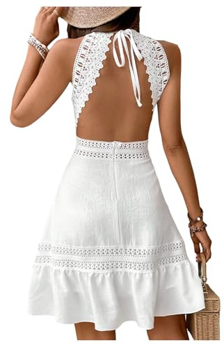 Floerns Women's Contrast Lace Sleeveless Halter Dress Backless Vacation A Line Dress White Small