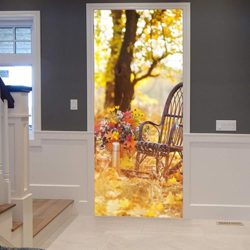 Türtapete Selbstklebend 100x200 cm Blumen und Pflanzen Türaufkleber 3D Herbstwald Türposter Türfolie Poster Tapete PVC Wasserfest für Schlafzimmer Wohnzimmer Tür A-6700