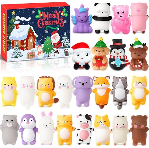 Chennyfun Calendrier de l'Avent Mochi Squeeze Toy pour Enfants, Calendrier Kawaii Squishy Jouet Advent Calnedar, 24 jours Calendrier de Compte à Rebours de Noël pour Garçons Filles Cadeau de Noël