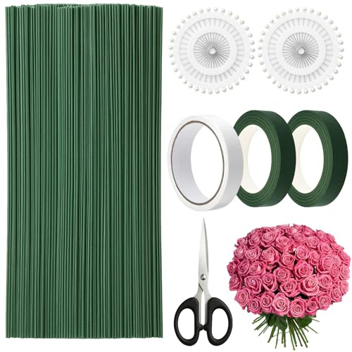 Sheryl&Rain 126 Pcs Florist Wire Stems Kit, Green Floral Wire with 2 Florist Tape, Scissors, Positioning Pins, 2mm*20cm Flower Rods for Crochet, Flexible Floristry Stem for Artificial Bouquet Wrap
