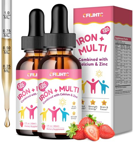 Liquid Iron Supplement for Kids, Women & Men - Kids Multivitamin with Iron Drops - Immune Support, Blood Builder & Energy Support for Iron Deficiency, Anemia - Strawberry Flavor, 4 Fl Oz