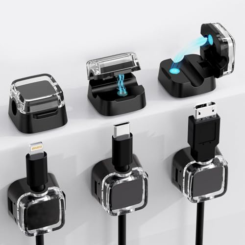 Cable Tidy Clips, 6 Pack Cord Organiser Magnetic Management, Strong Adhesive Wire Charger Holder for Nightstand, Kitchen Appliances, Office Supplies, Phone Cable, Wall, Car (Black)