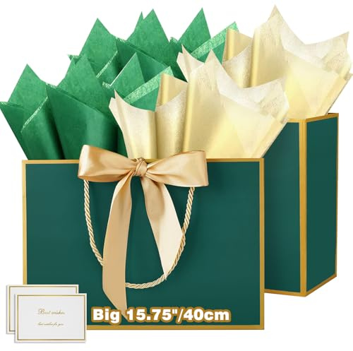 HONTIUS 15.75'' Sacchetti Regalo, Sacchetto Regalo Grande Grandi Maxi XXL, Busta regalo grande con Carta Velina e Carte，40*30*12.5cm Borsa Regalo per Nozze Natale Aziendale Festa Compleanno 2 Pezzi E