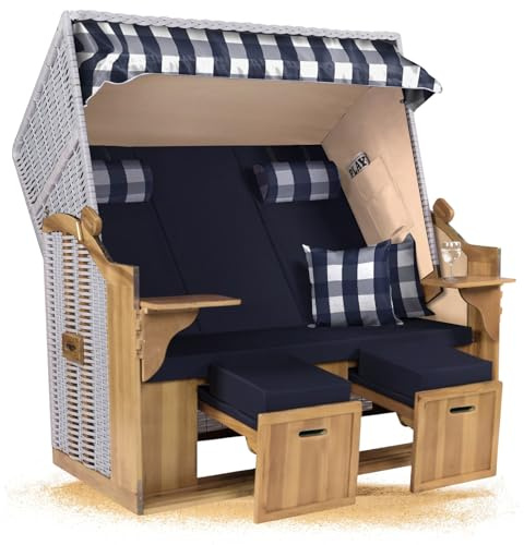 Strandkorb Hanse Ostsee XXL 2,5 Sitzer Volllieger Weiß 150cm breit, ideal für Garten, Terrasse und Balkon (Blau Weiß Kariert Uni, Zerlegt)