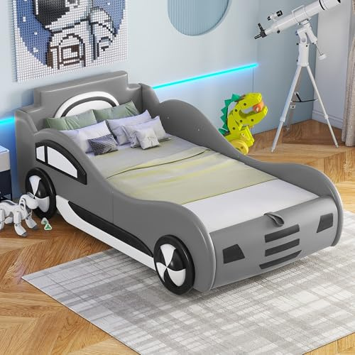 Easexcy Flachbett, 90 x 200cm, Bett mit Lattenrost (ohne Matratze), Modell Autobett, Autobett, Kinderbett, Kinderbett mit Unterbettstauraum (Grau)