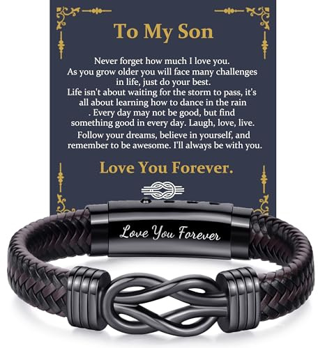 MOROTOLE To My Son Bracelet with Box Christma Gift for Him Graduation Gift Mens Leather Bracelet Mens Birthday Gifts
