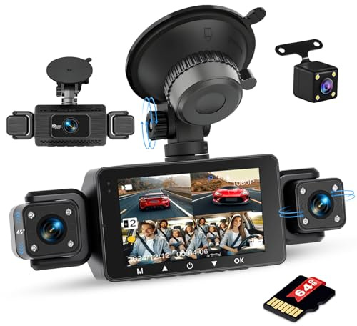 Inefala Grabadora para Coche con cámara Frontal HD 1080P con Pantalla de 3 Pulgadas, 3 cámaras, Sensor G de 4 Canales, detección de Movimiento en Bucle, grabación de 24 Horas, Modo de Aparcamiento
