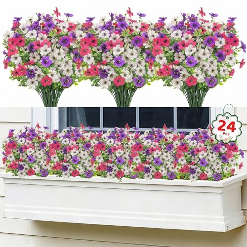 Woltoy Artificial Flowers 24 Pcs Fake Flowers Violets Artificial Plants Outdoor in 3 Colours (White, Purple, Magenta), Long-Lasting Spring Flower Hanging Planter For OutdoorDeco Home Wedding Party