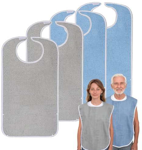Watproofit Lätzchen für Erwachsene 4er Set, Wasserdicht (76x46cm) | Waschbare Frottee Schutzlätzchen mit Verstellbarem Verschluss, Wiederverwendbar für Senioren Pflege & Alltag