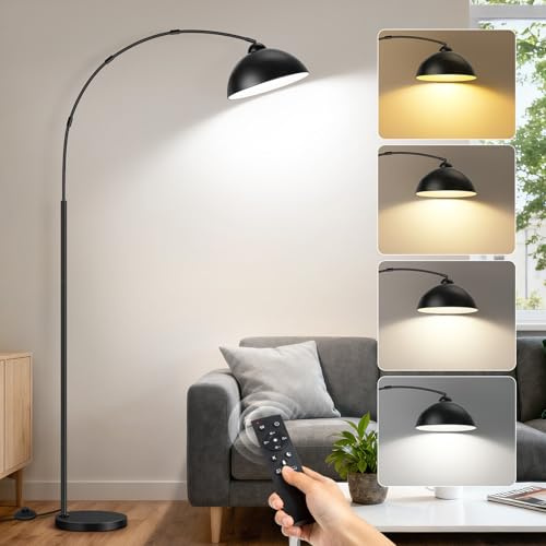 OUTON Lampada ad arco, lampada da terra LED dimmerabile, 4 temperature di colore, lampada da terra per soggiorno, camera da letto, ufficio, Nero