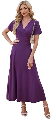 VintageClothing Womens Summer Maxi Dress Wrap V Neck Long Dresses with Pockets Short Sleeve Flowy Spring Dress, L Purple