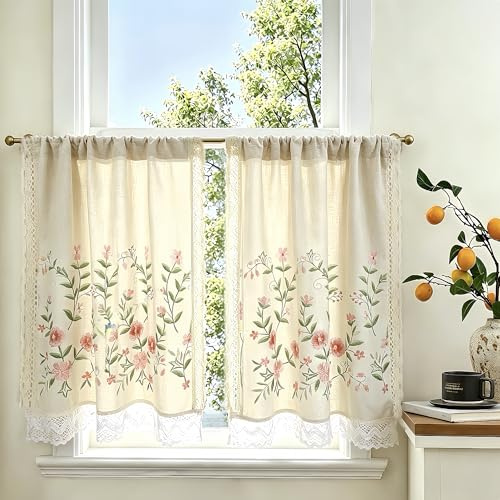 Daliena Scheibengardinen Blumen Stickerei Vorhang Beige Leinenoptik Kurz Kurzgardine Blickdicht 2er Set, Küchen Gardine fur Fenster Landhausstil (BxH 90x40cm) Hellrosa 2 stück