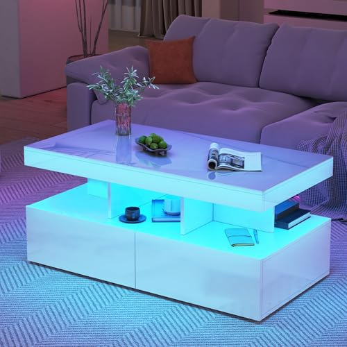 BLSYHDH Couchtisch Weiß Glänzend Mit 2 Schubladen Beistelltisch Mit LED Moderner Couchtisch Für Wohnzimmer 104 * 53 * 46cm