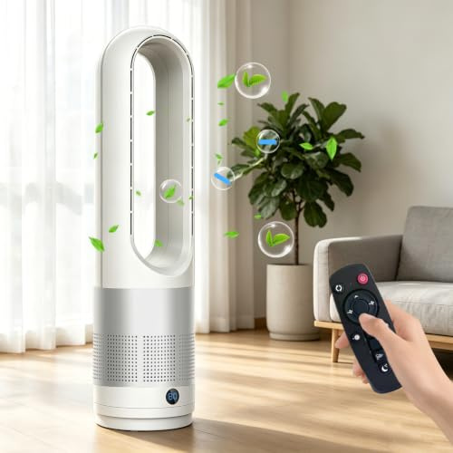 CFITANK - Ventilador sin aspas silenciosas, ventilador de columna con mando a distancia, oscilación 80°, 8 velocidades, temporizador 8H, LED ventilador portátil para oficina, dormitorio, sala de estar