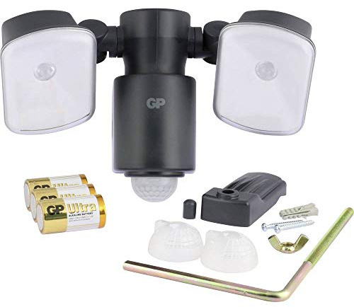 GP Lighting Außenleuchte mit Bewegungmelder und Dämmerungssensor, batteriebetrieben, LED Spots schwenkbar, wetterfest / wasserdicht nach IP55 für Garten, Terrasse, Garage, Schwarz