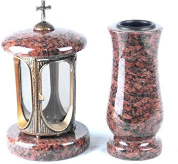 designgrab Grablampe aus messingfarbenem Aluminium in Antikoptik mit Kreuz und Grabvase in Granit Vanga