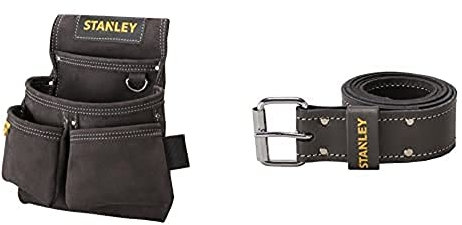 STANLEY Leather Belt, Dark Brown with Leather Double Nail Pocket Pouch, Black
