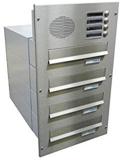 B-042 4er Edelstahl Mauerdurchwurf Briefkastenanlage mit 4 Klingeln & Sprechsieb (Tiefe: 39-62 cm) - LETTERBOX24.de
