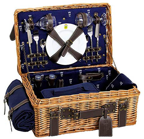 Picknickkorb Champs-Elysées aus Weidengeflecht und echtem Leder, dunkelblau - 2 Personen - voll ausgestattet - Les Jardins de la Comtesse